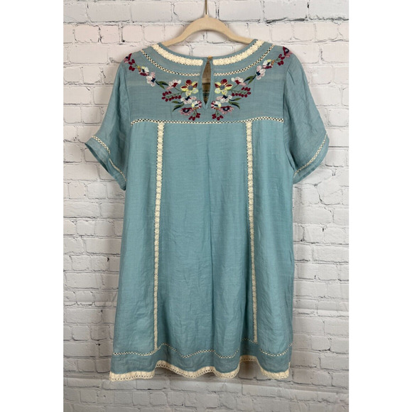 UMGEE light blue boho embroidered lace trim A-line short sleeve dress size L - Picture 8 of 9